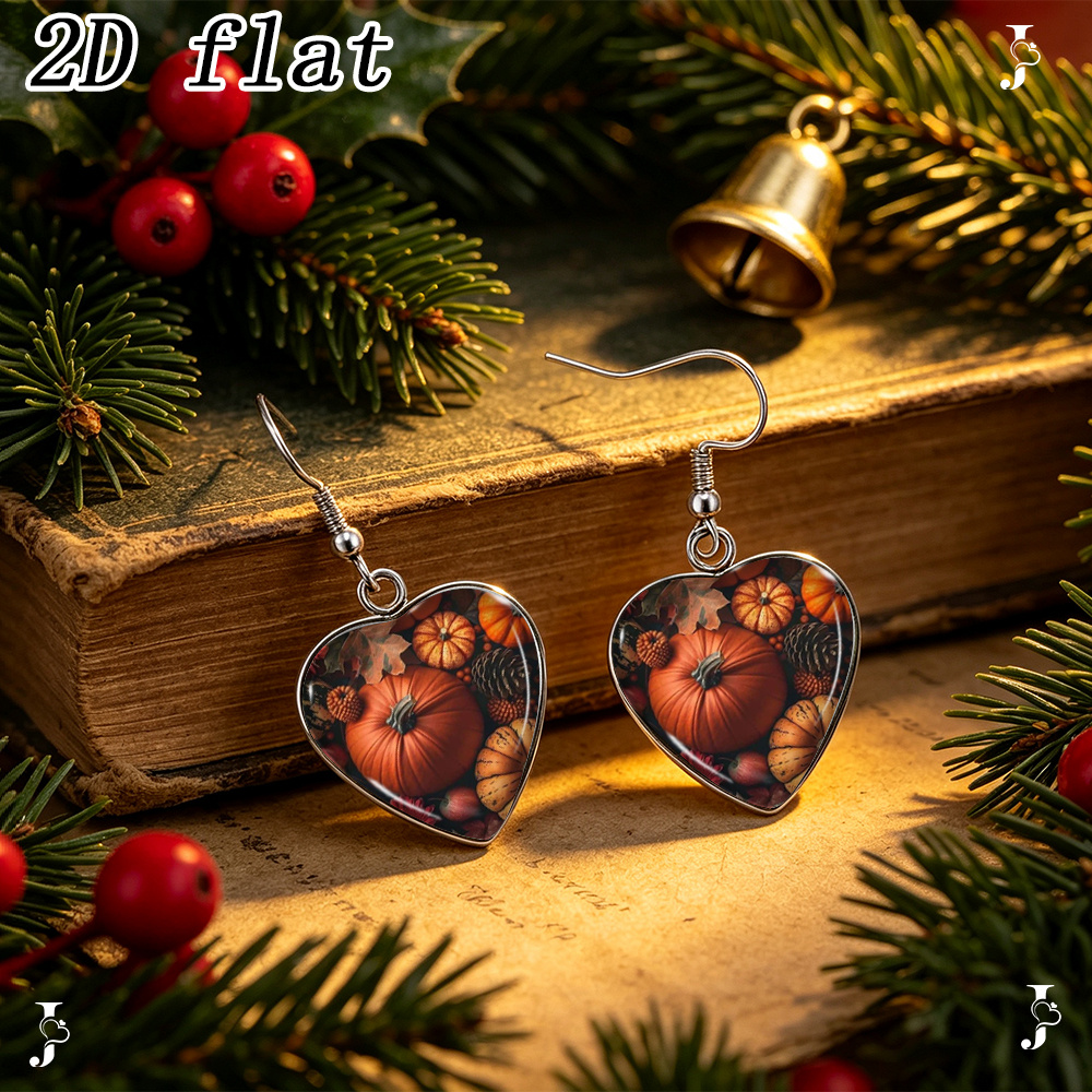 Autumn Harvest Pumpkin Maple Leaf Heart Dangle Earrings, Handmade Gift